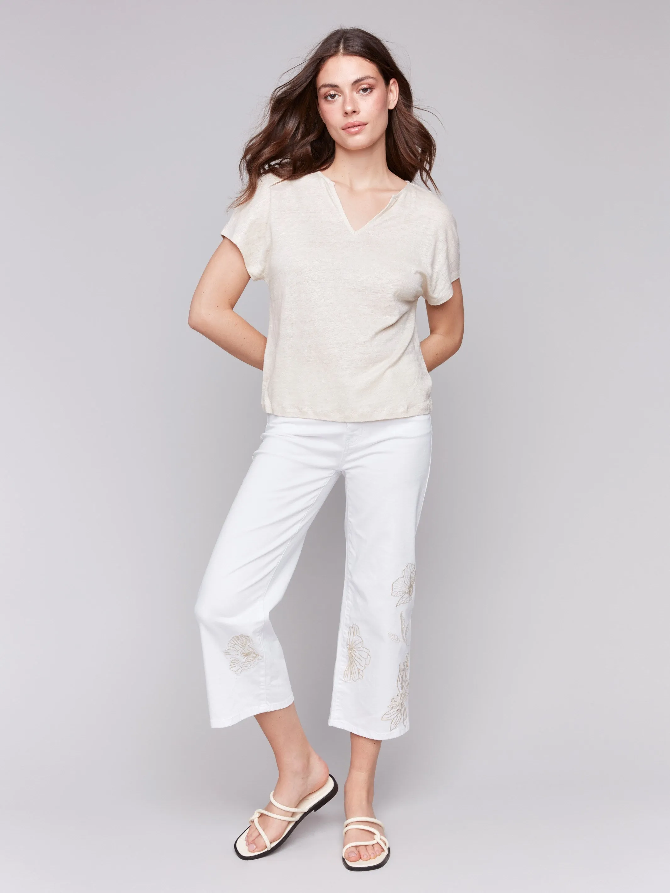 Floral Embroidered Cropped Flare Twill Pants - White