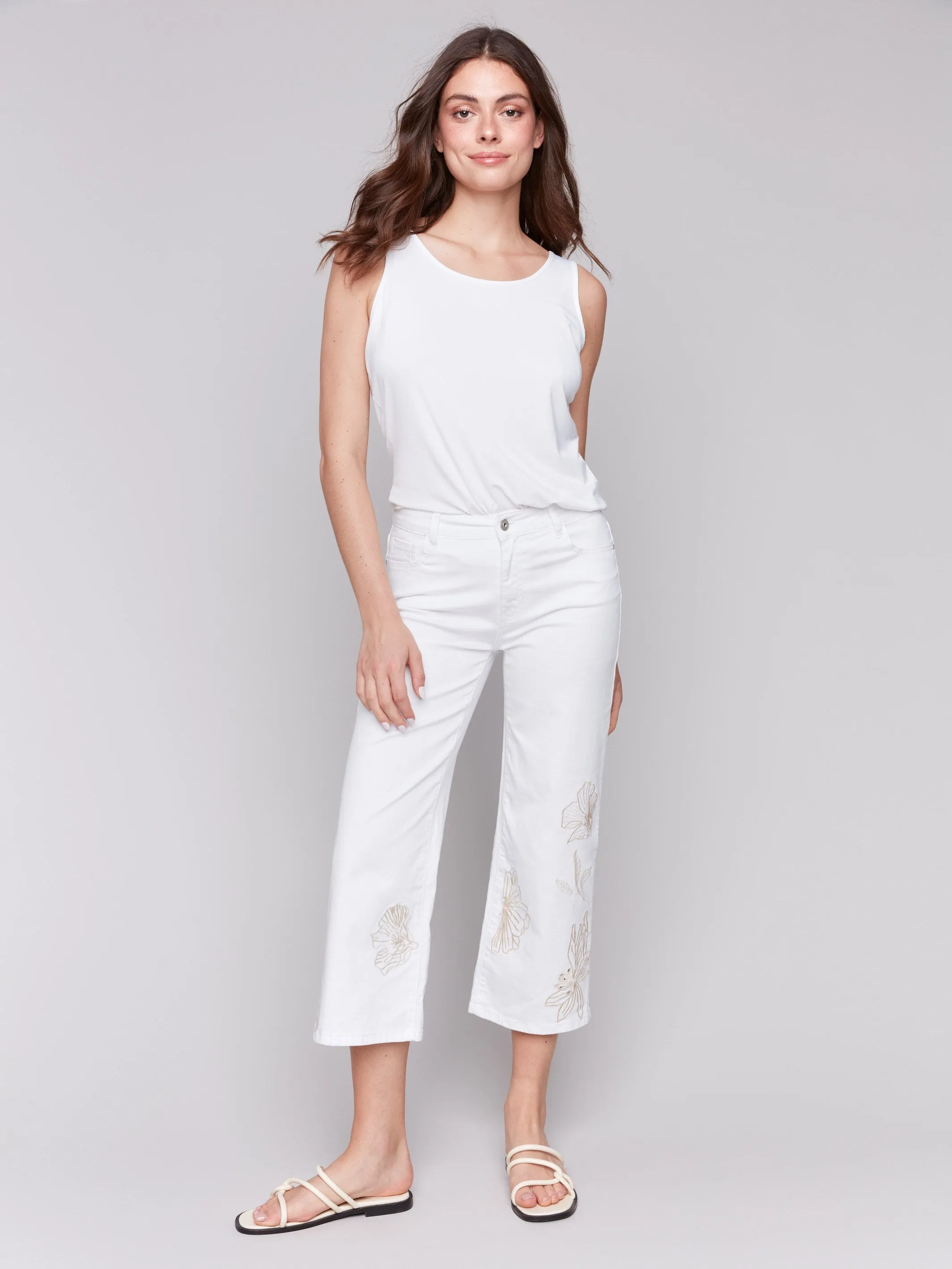 Floral Embroidered Cropped Flare Twill Pants - White