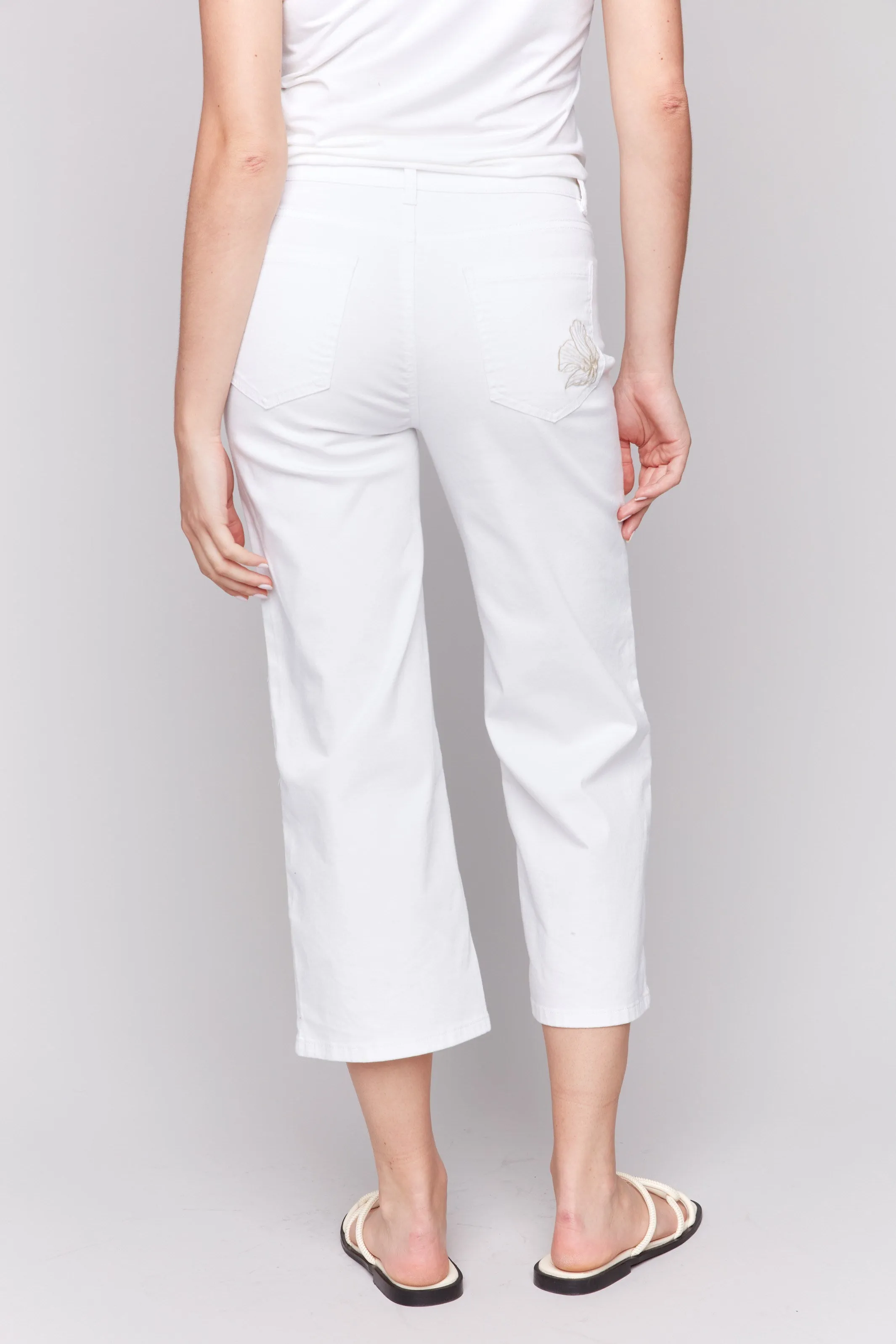 Floral Embroidered Cropped Flare Twill Pants - White
