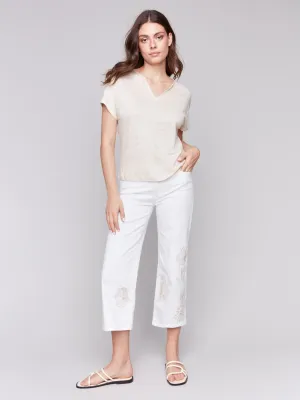 Floral Embroidered Cropped Flare Twill Pants - White