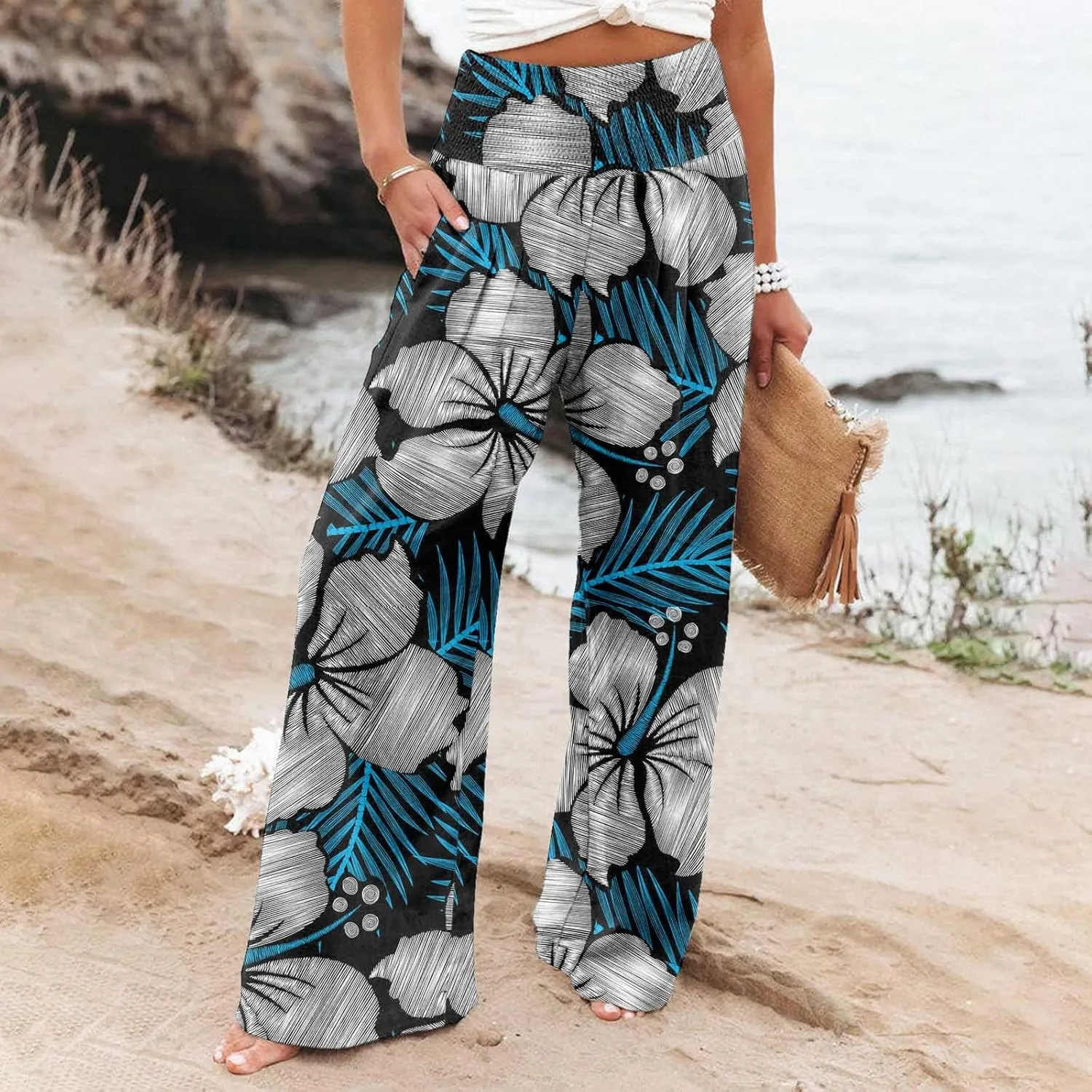 Flowy Summer Pants for Women 2025 Baggy Y2K Summer Stretchy Boho Beach Pants Relaxed Loose Fit Elastic Lightweight Trousers