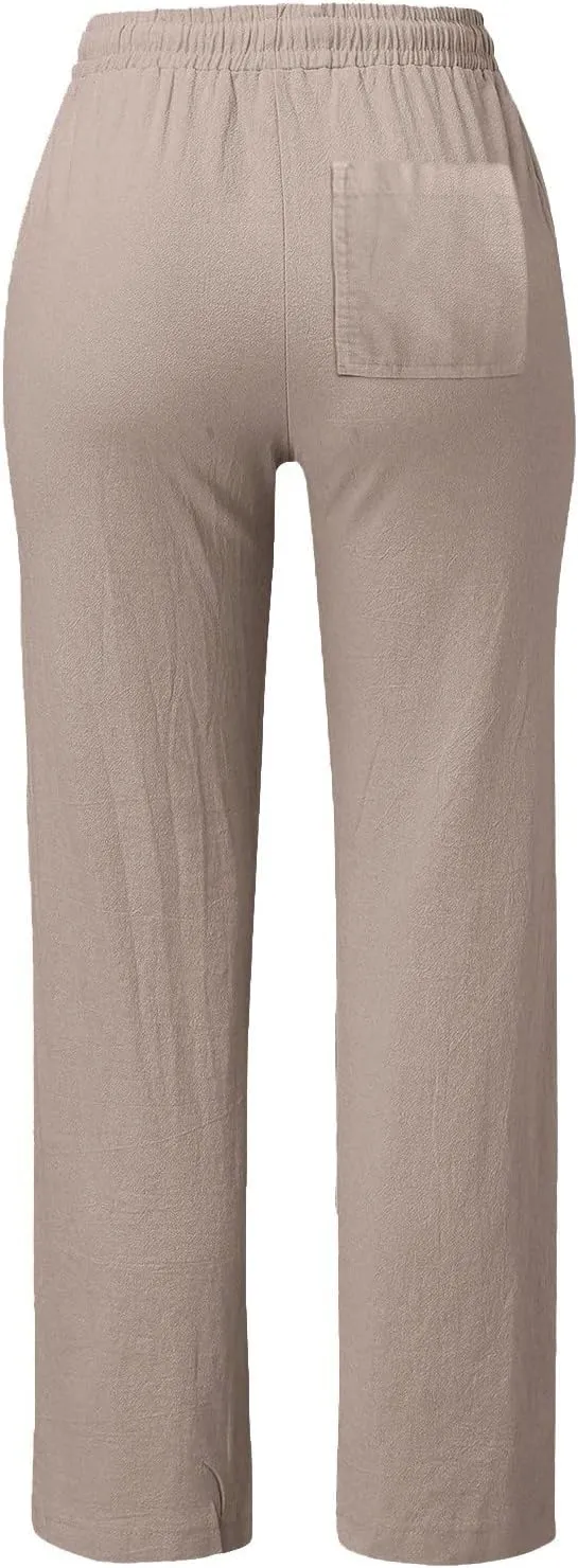 GIERIDUC Womens Casual Cotton Linen Pants Lightweight Summer Loose Fit Palazzo Elastic Waist Plus Size Solid Lounge Trousers