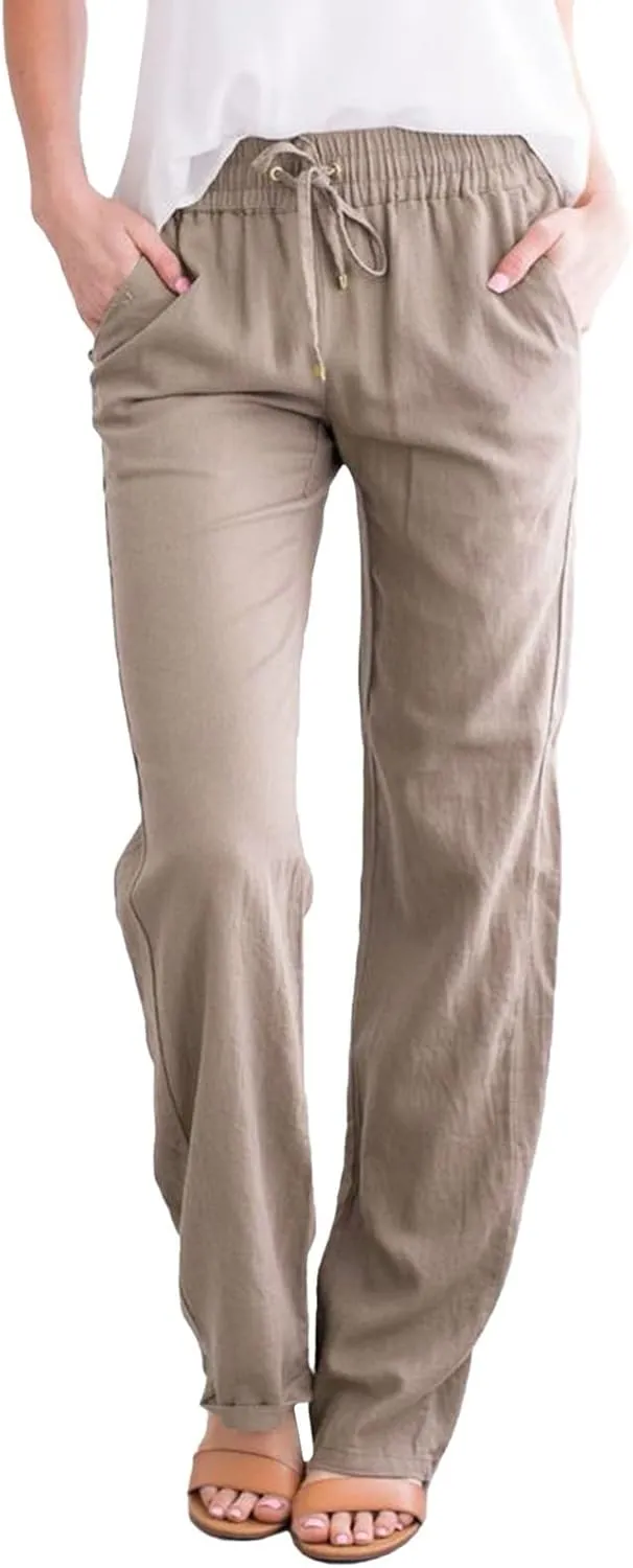 GIERIDUC Womens Casual Cotton Linen Pants Lightweight Summer Loose Fit Palazzo Elastic Waist Plus Size Solid Lounge Trousers