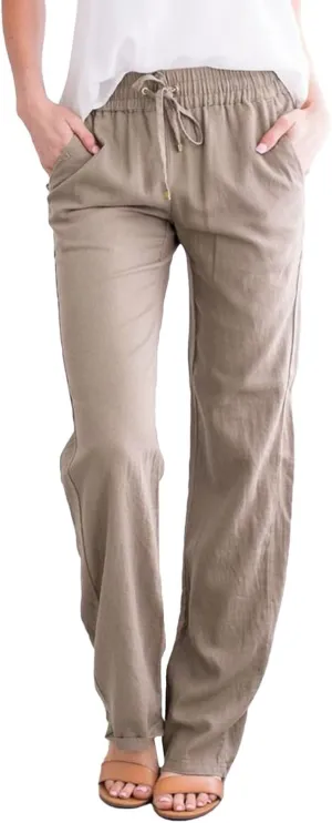 GIERIDUC Womens Casual Cotton Linen Pants Lightweight Summer Loose Fit Palazzo Elastic Waist Plus Size Solid Lounge Trousers