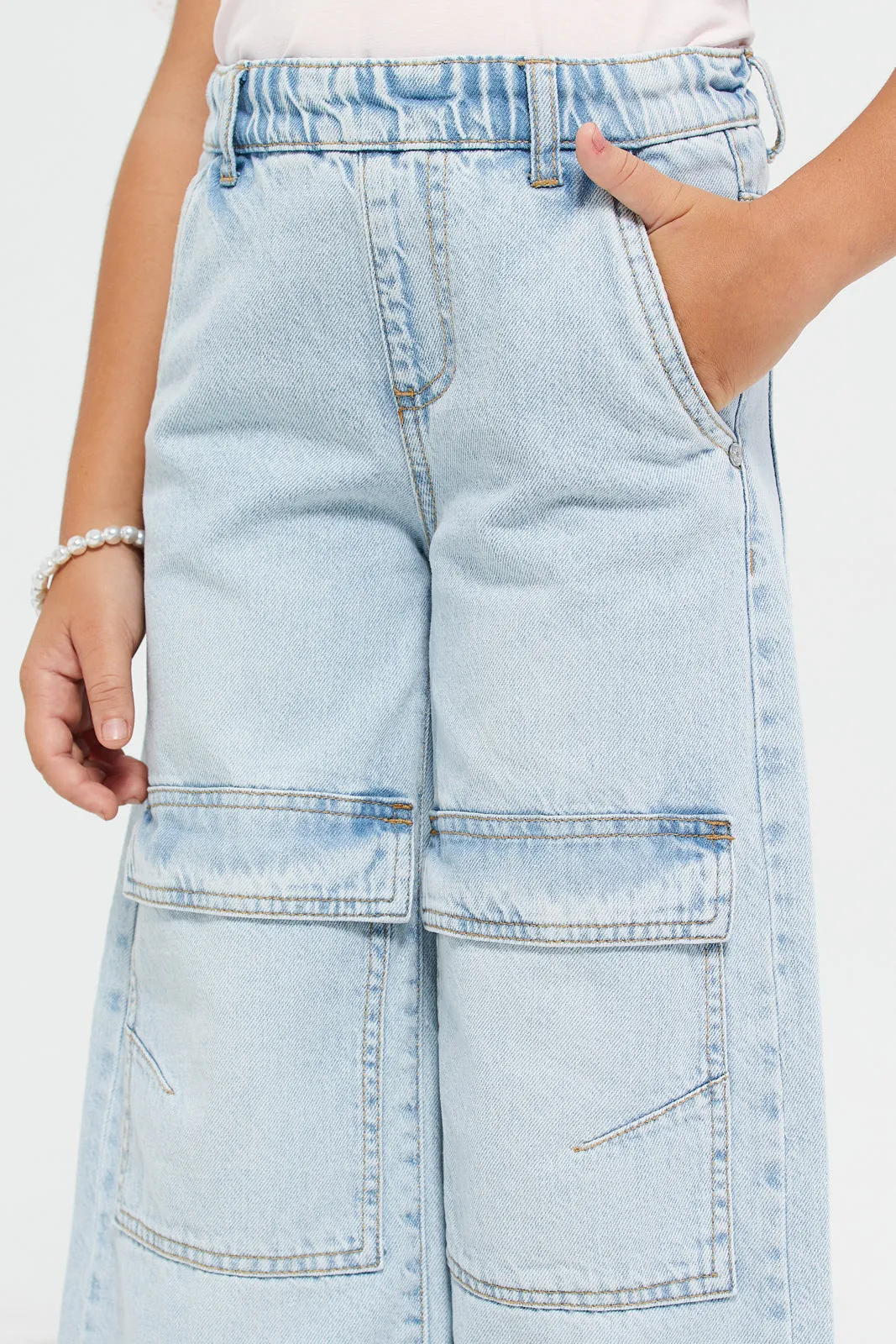 Girls Blue Knee Cargo Jeans