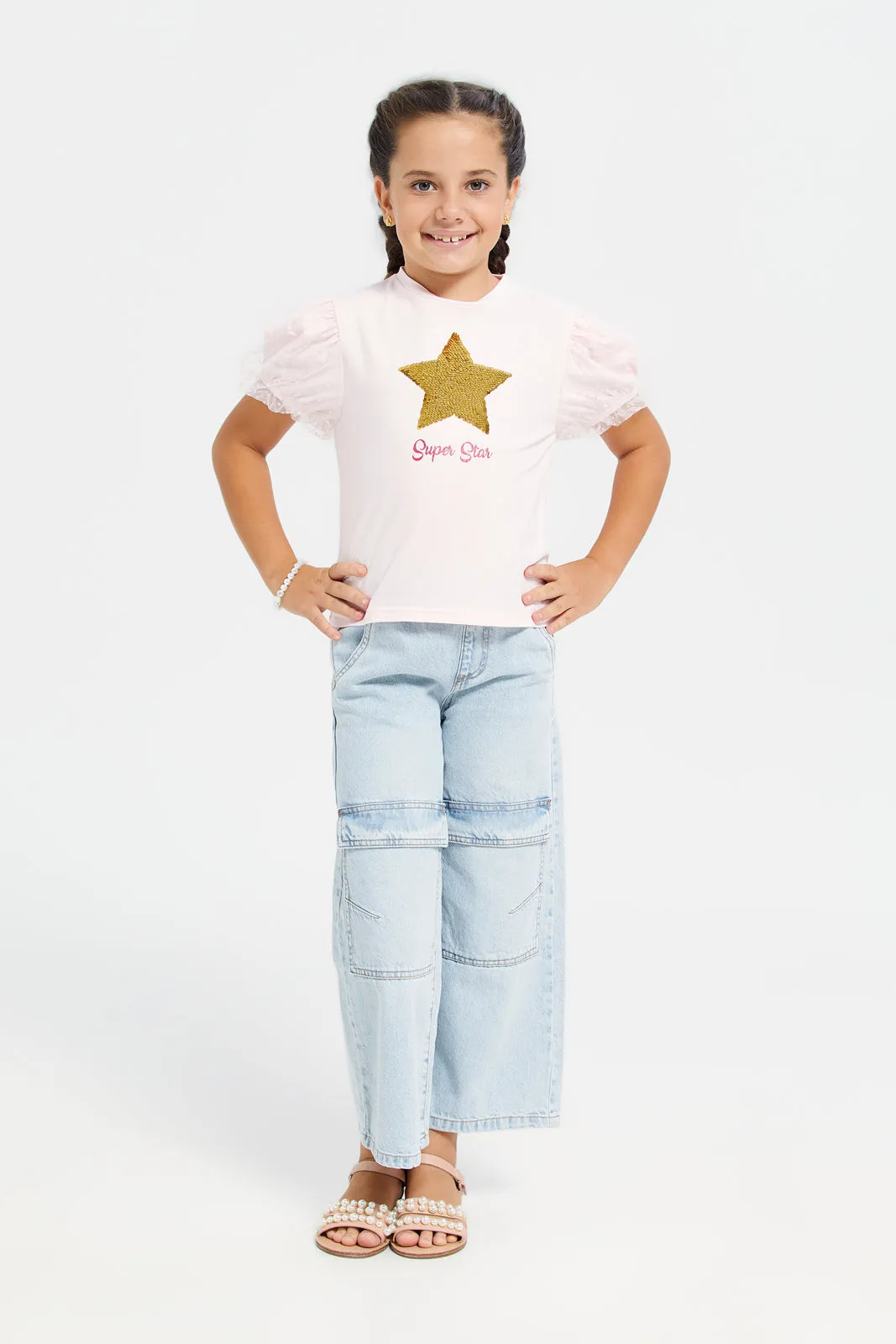 Girls Blue Knee Cargo Jeans