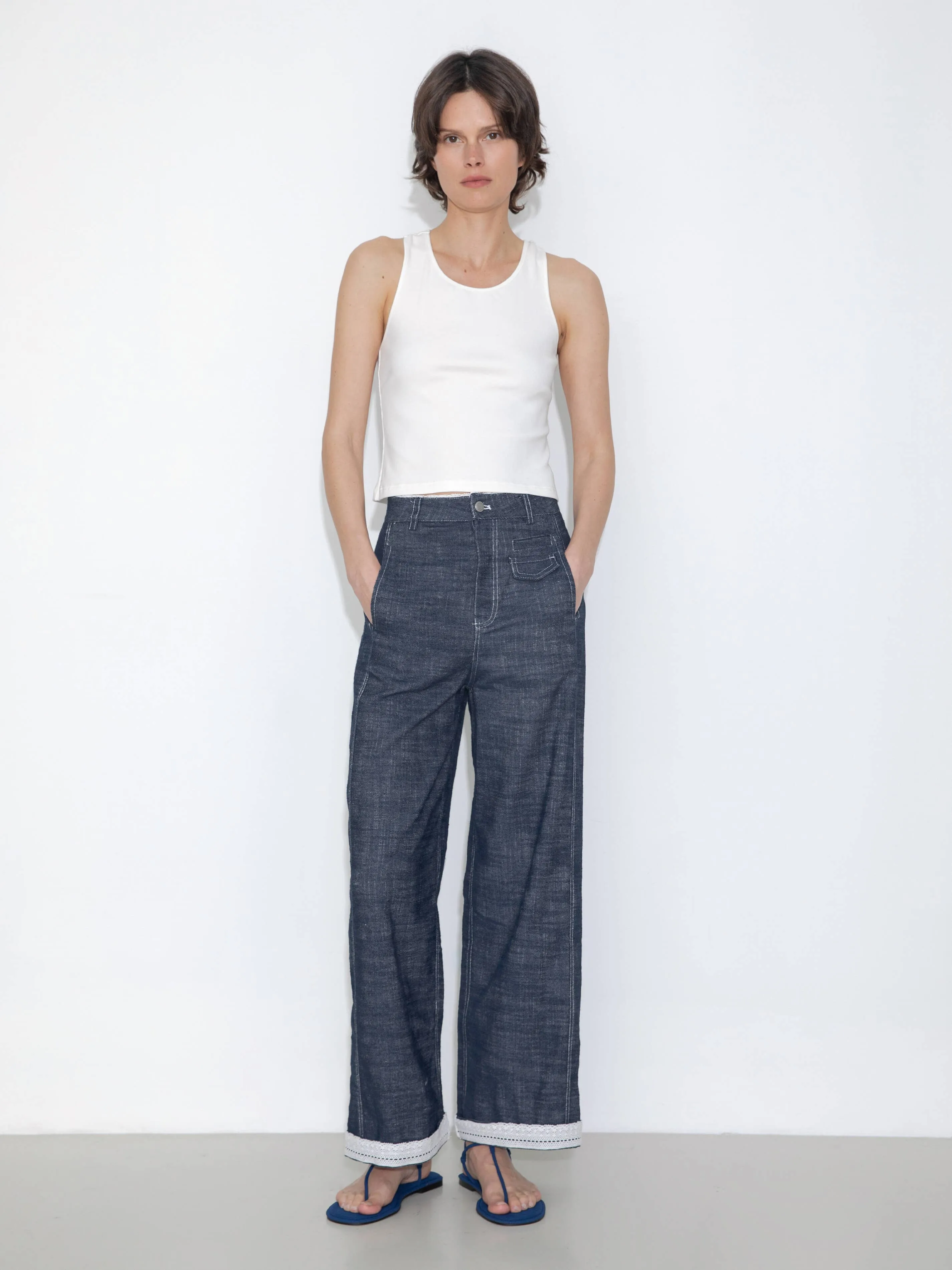 Linen-Cotton Lace Wide-Leg Straight Jeans: Navy / M