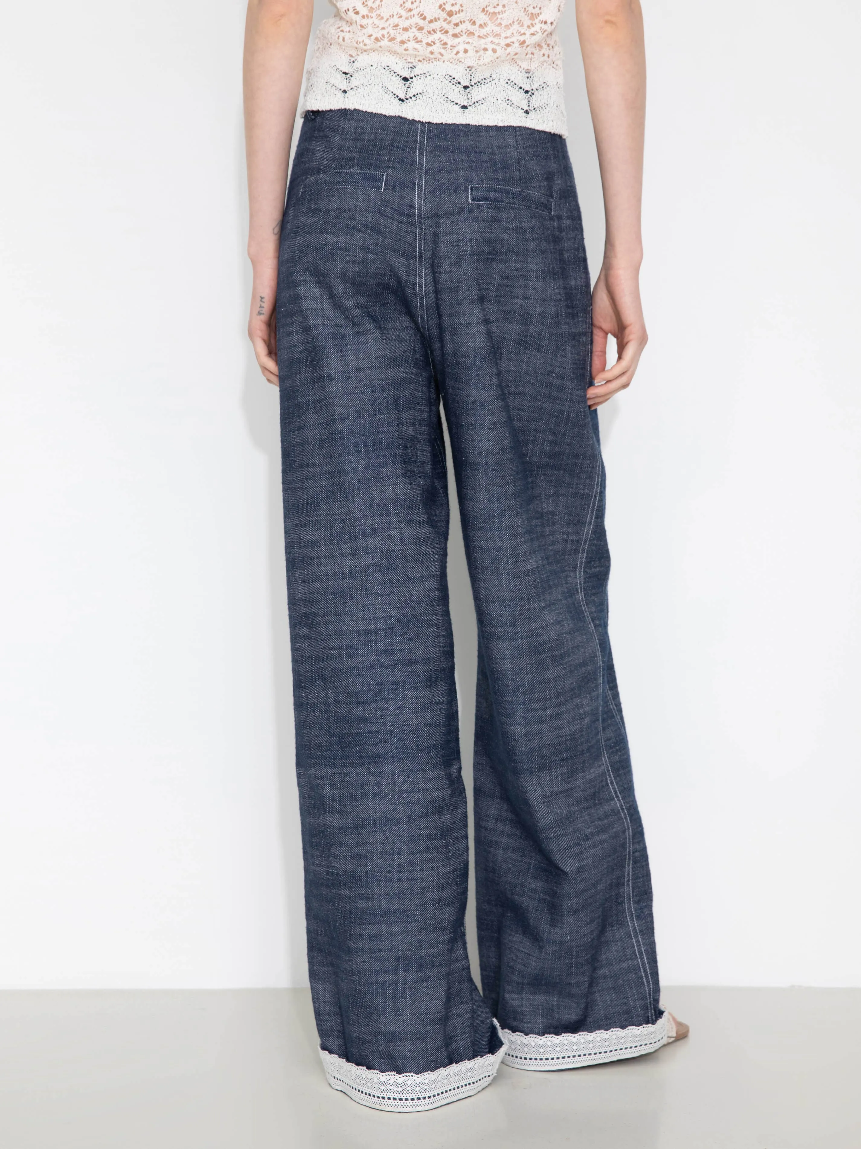 Linen-Cotton Lace Wide-Leg Straight Jeans: Navy / M