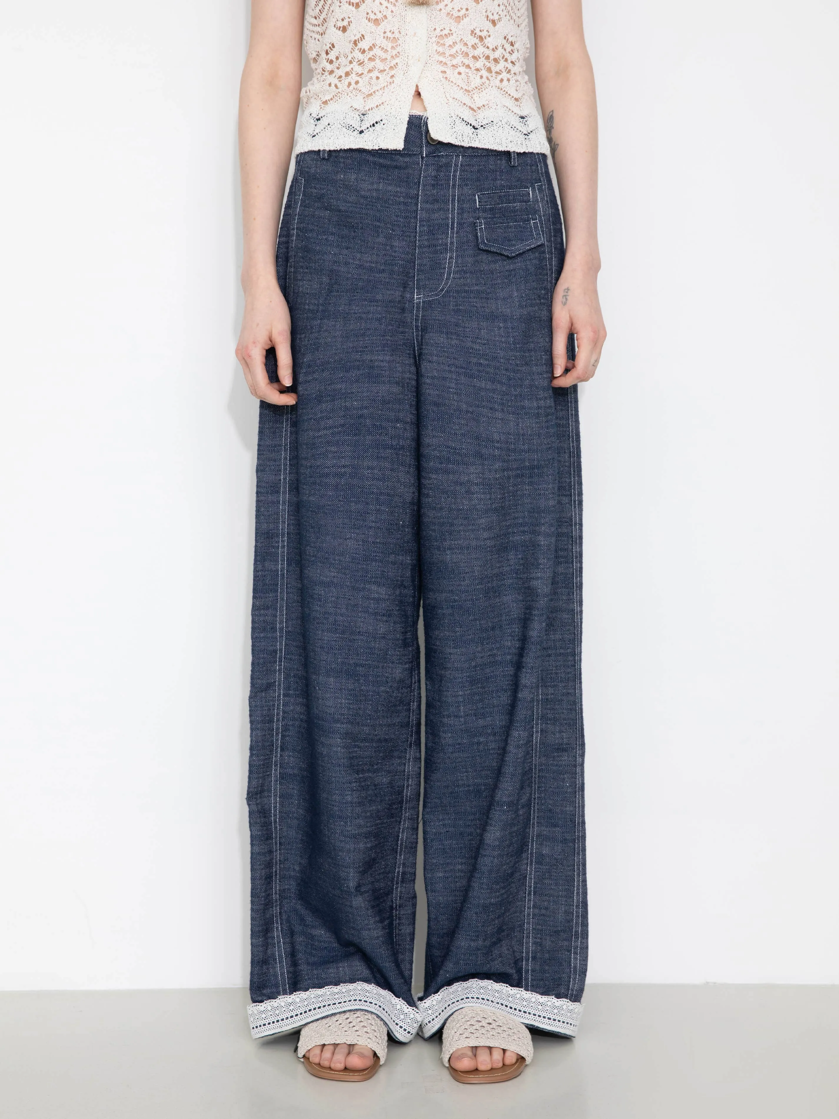 Linen-Cotton Lace Wide-Leg Straight Jeans: Navy / M
