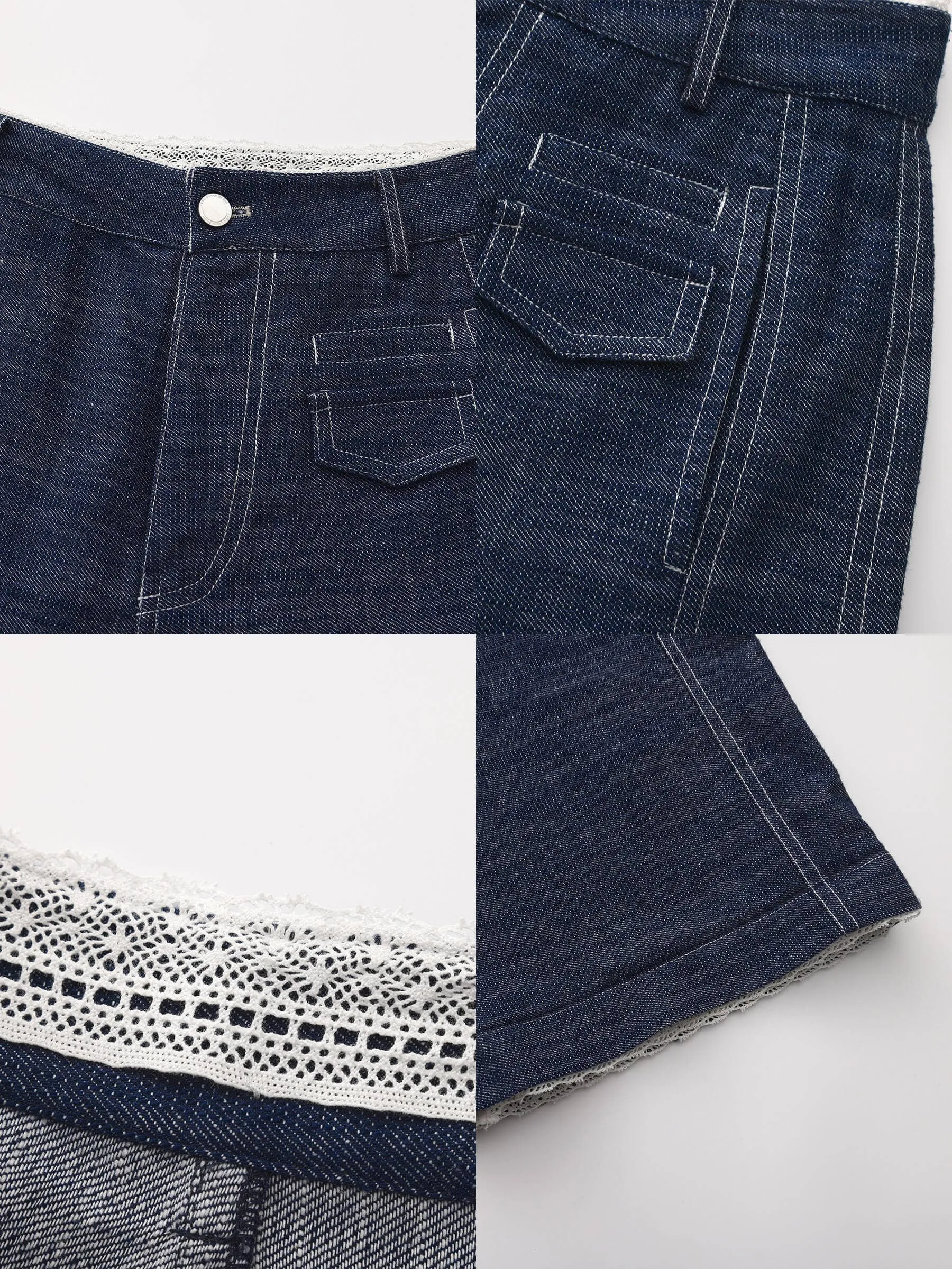 Linen-Cotton Lace Wide-Leg Straight Jeans: Navy / M