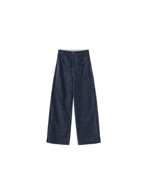 Linen-Cotton Lace Wide-Leg Straight Jeans: Navy / M