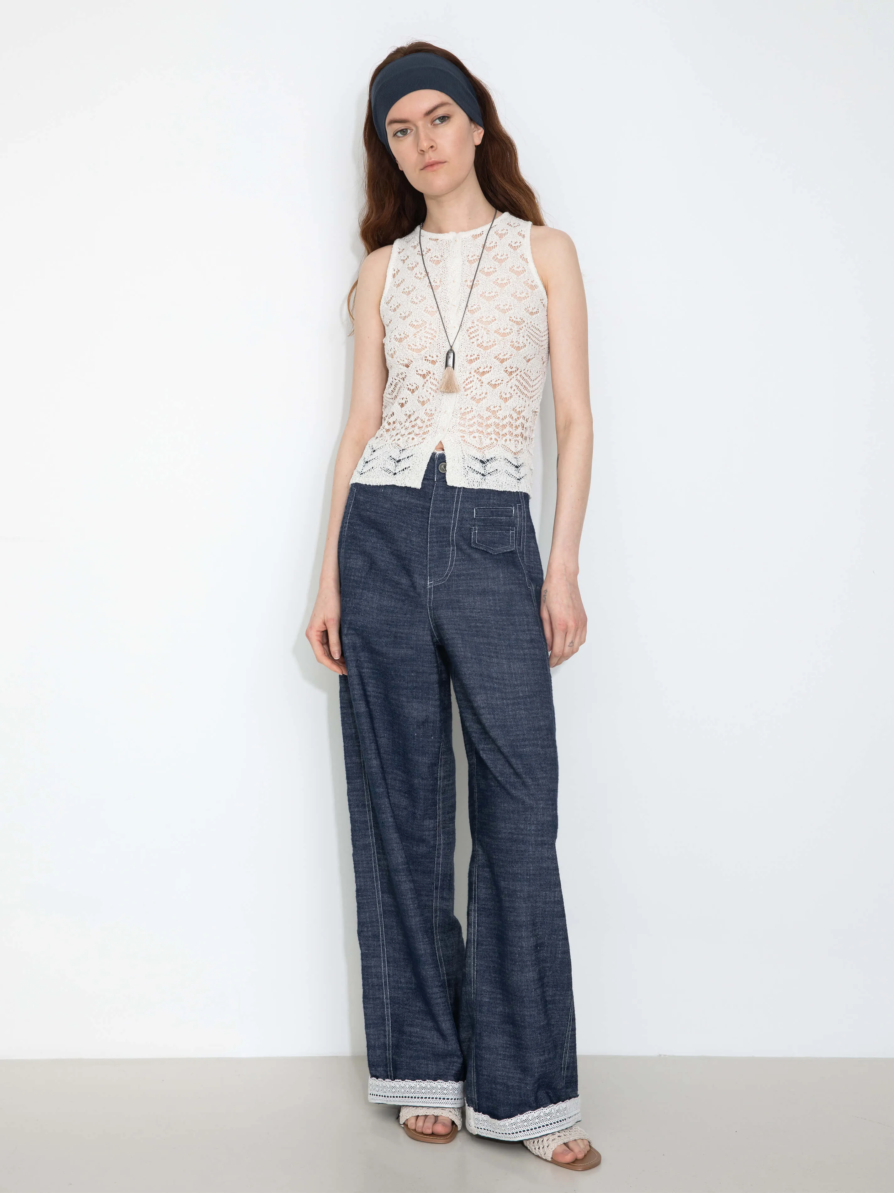 Linen-Cotton Lace Wide-Leg Straight Jeans: Navy / M