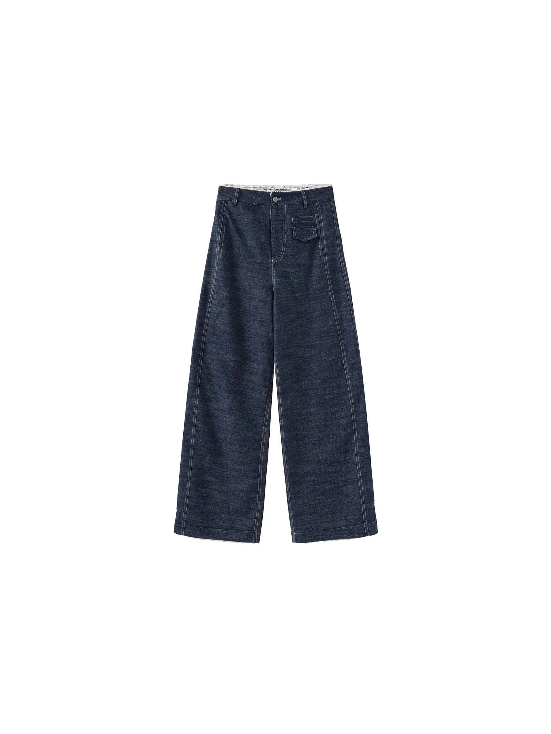 Linen-Cotton Lace Wide-Leg Straight Jeans: Navy / M