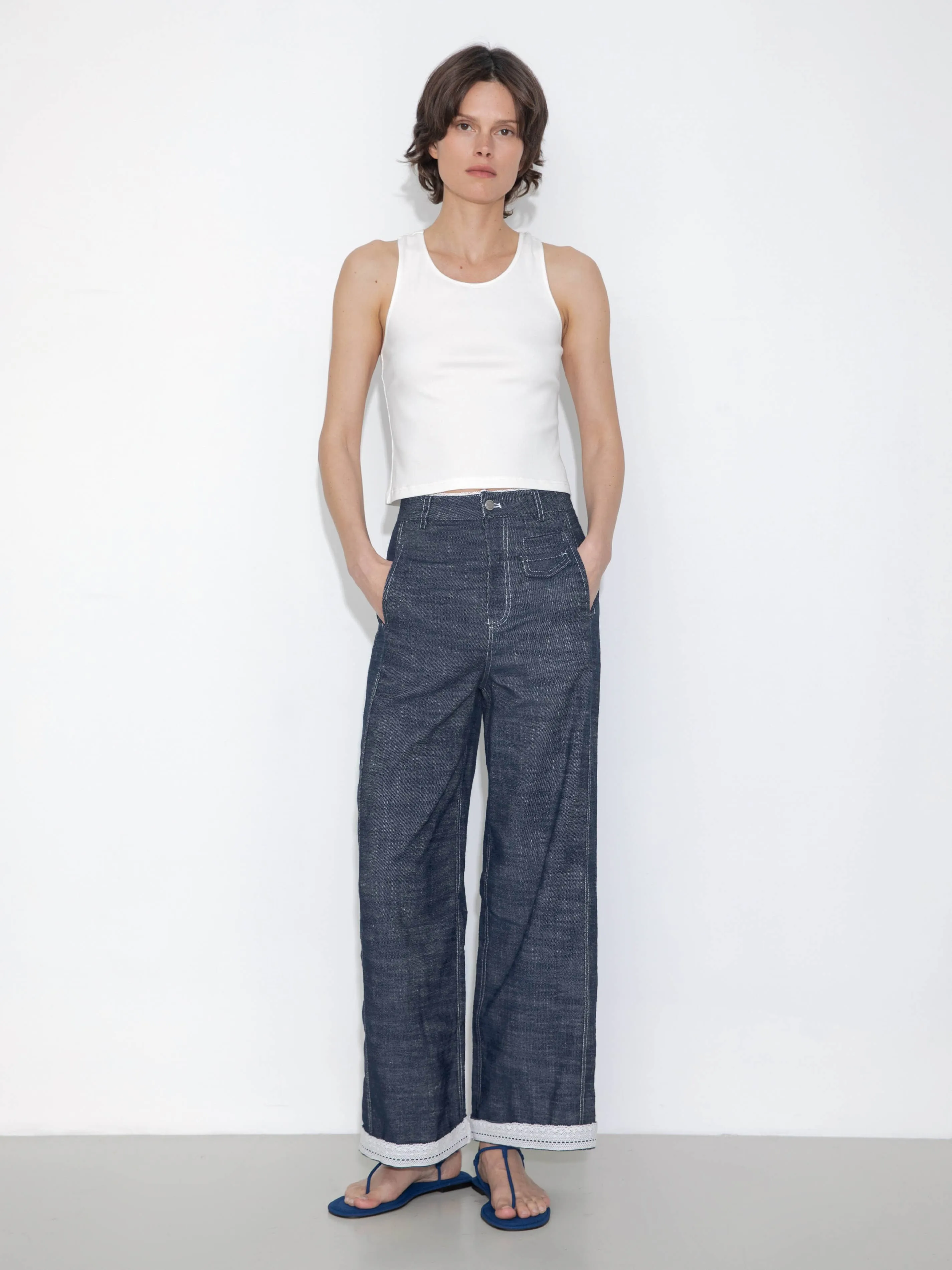 Linen-Cotton Lace Wide-Leg Straight Jeans: Navy / M