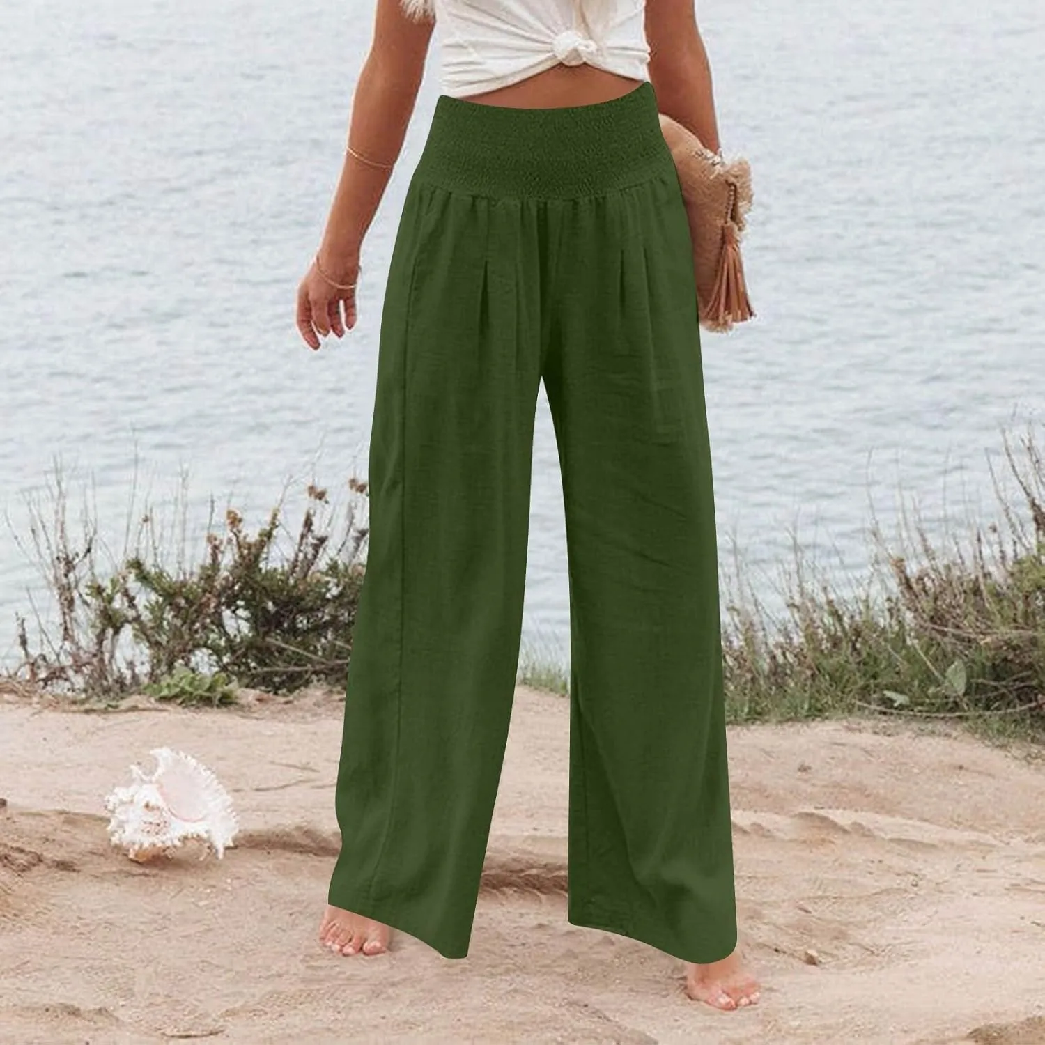 Linen Pants Woman Summer High Waist Palazzo Pants Pleated Baggy Pant Dressy Trousers with Pockets (S-XXL)