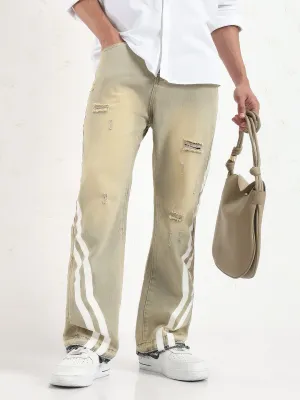 Men Beige Distressed Relaxed Fit Jeans