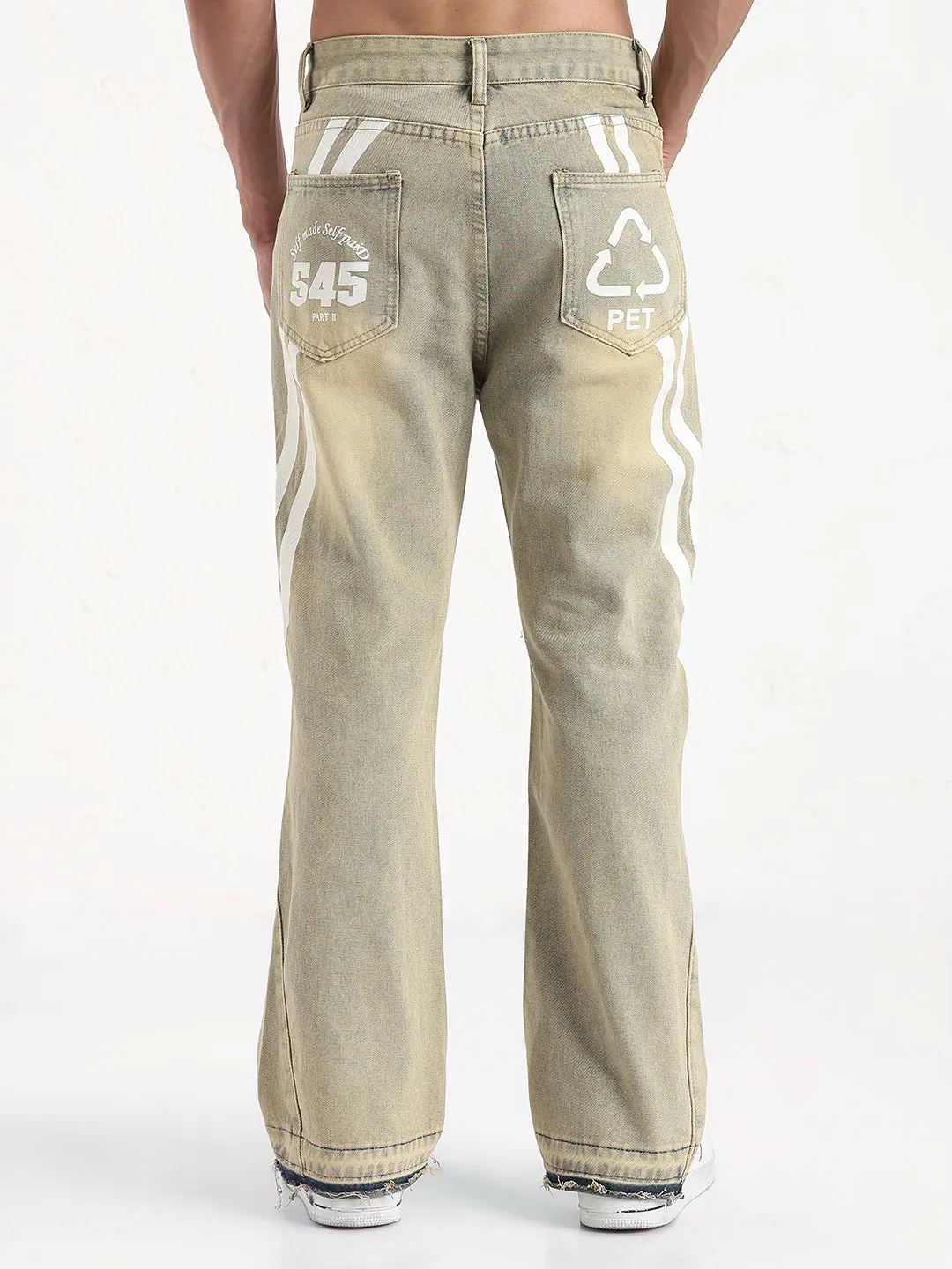 Men Beige Distressed Relaxed Fit Jeans