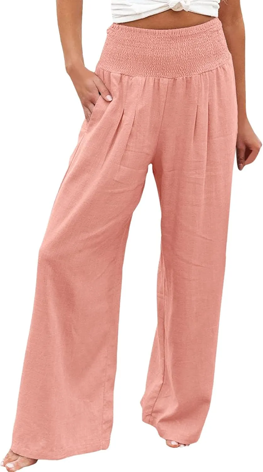 Palazzo Capri Pants for Women 2025 Baggy Y2K Summer Stretchy Boho Beach Pants High Waist Plus Size Lounge Palazzo Trousers