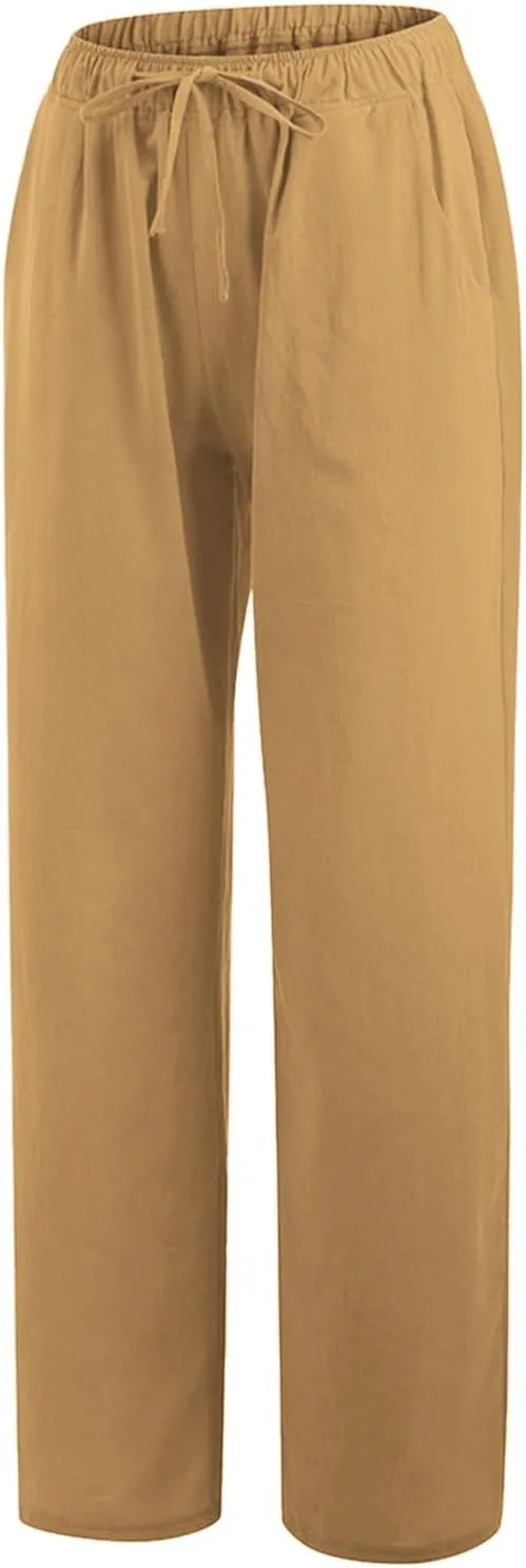PTOLOCIF Cotton Linen Pants Women,Wide Leg Harem Pants Loose Elastic Waist Palazzo Pants Comfy Lounge Baggy Sweatpants