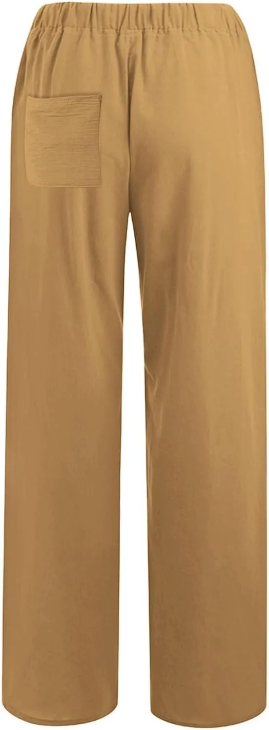 PTOLOCIF Cotton Linen Pants Women,Wide Leg Harem Pants Loose Elastic Waist Palazzo Pants Comfy Lounge Baggy Sweatpants
