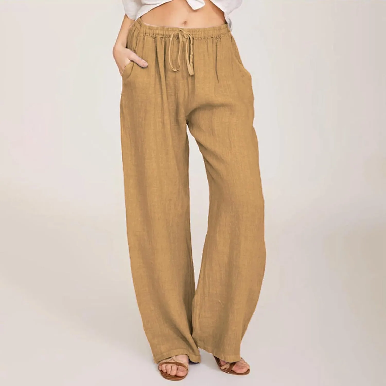 PTOLOCIF Cotton Linen Pants Women,Wide Leg Harem Pants Loose Elastic Waist Palazzo Pants Comfy Lounge Baggy Sweatpants