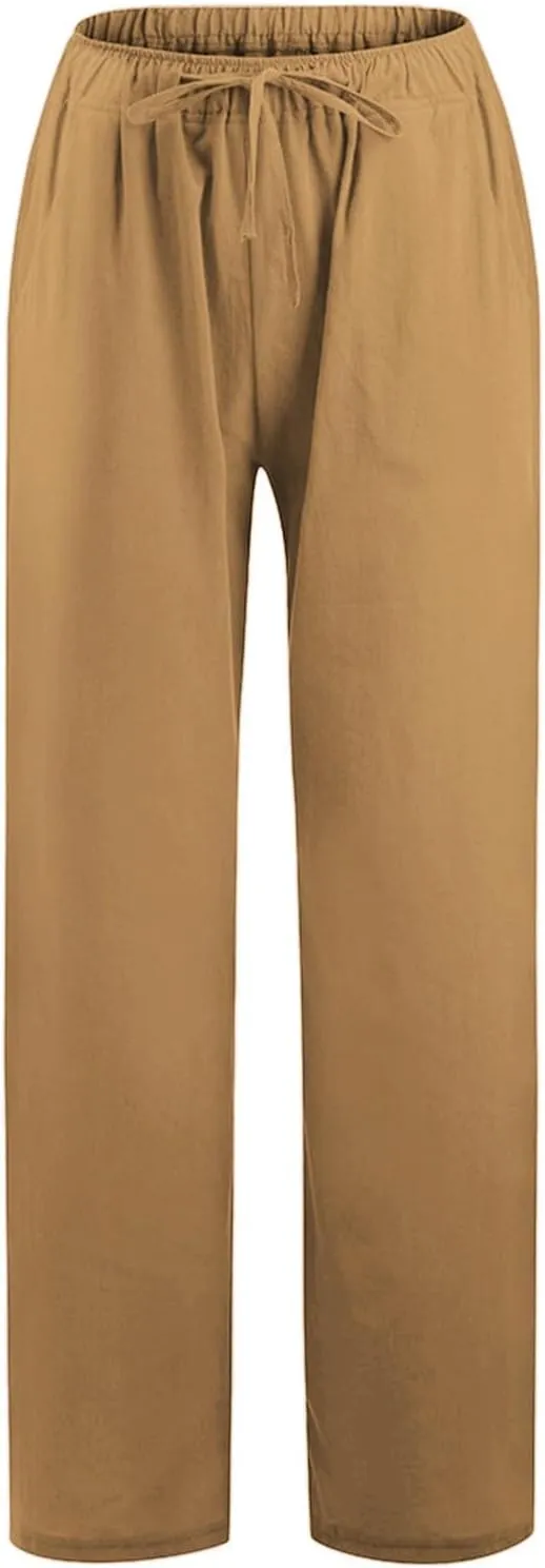 PTOLOCIF Cotton Linen Pants Women,Wide Leg Harem Pants Loose Elastic Waist Palazzo Pants Comfy Lounge Baggy Sweatpants