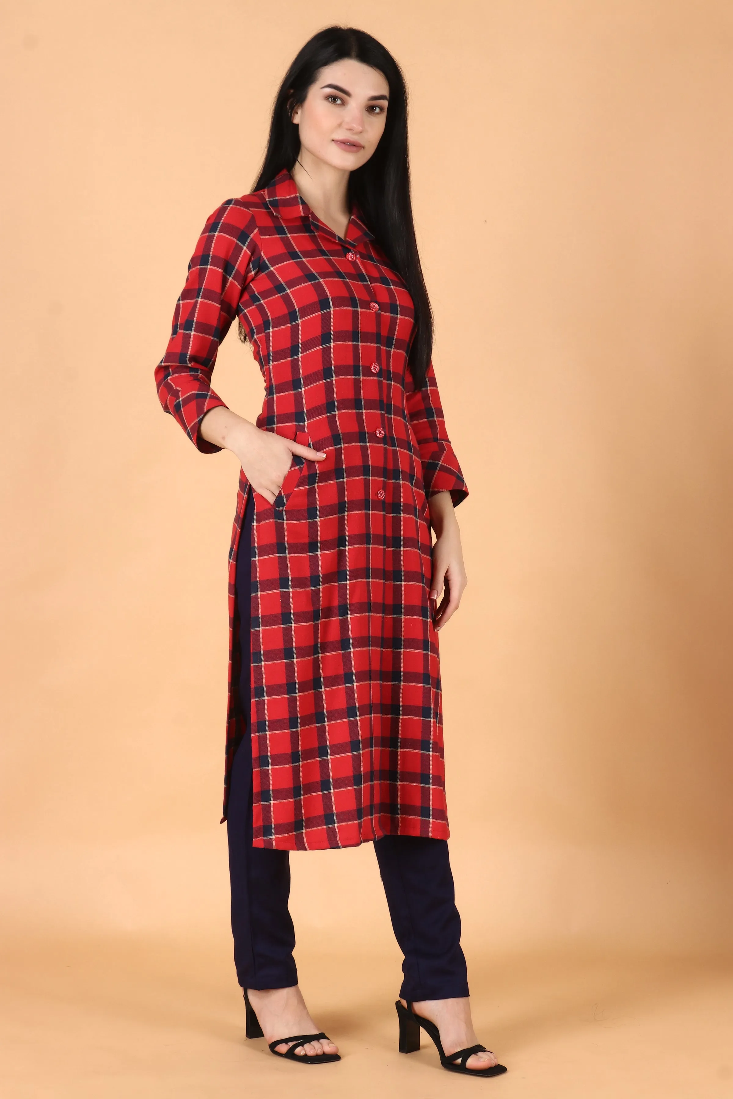 Red Checked Woollen Kurta