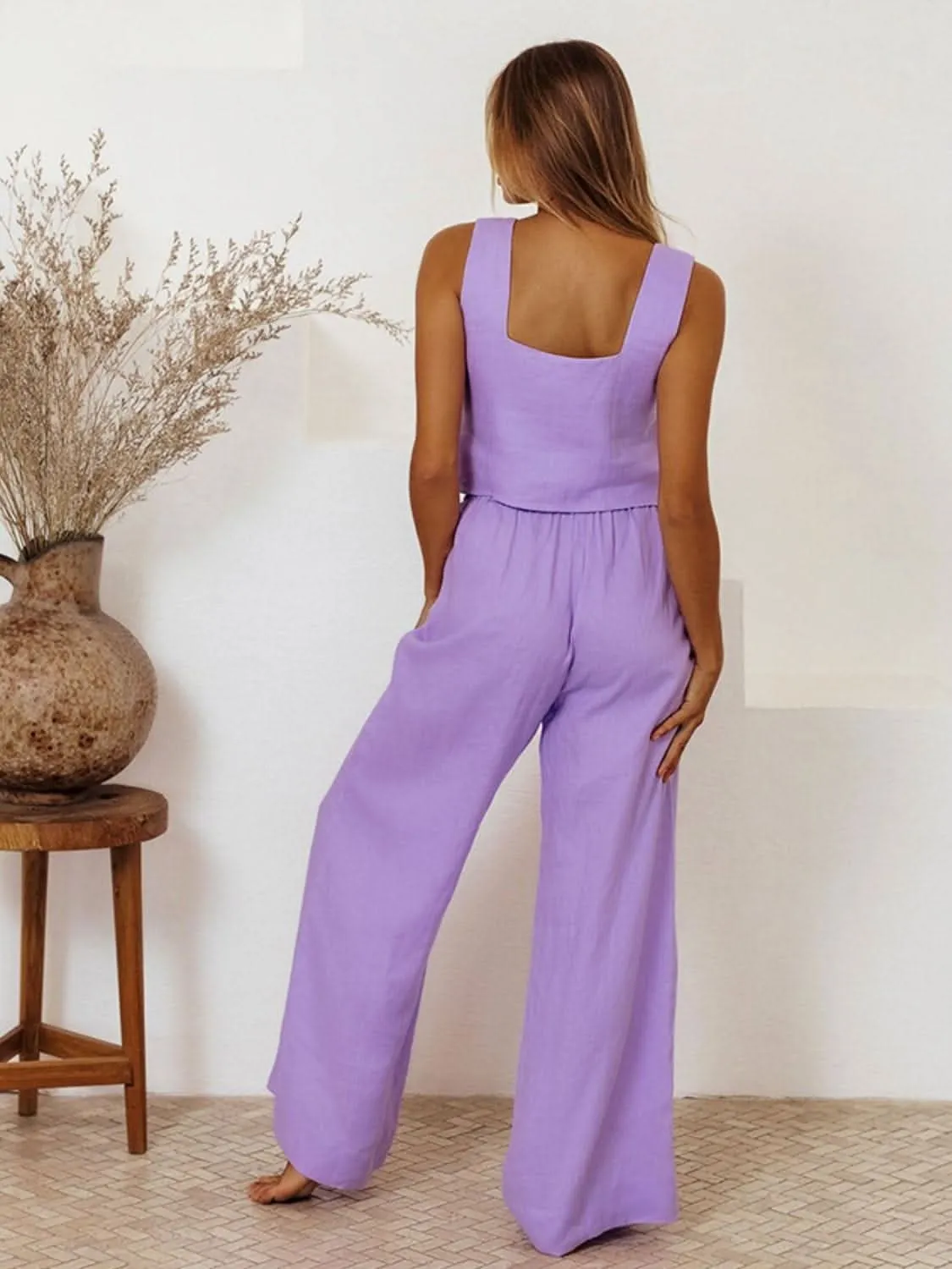 Square Neck Sleeveless Top and Pants Set- By Lustmia