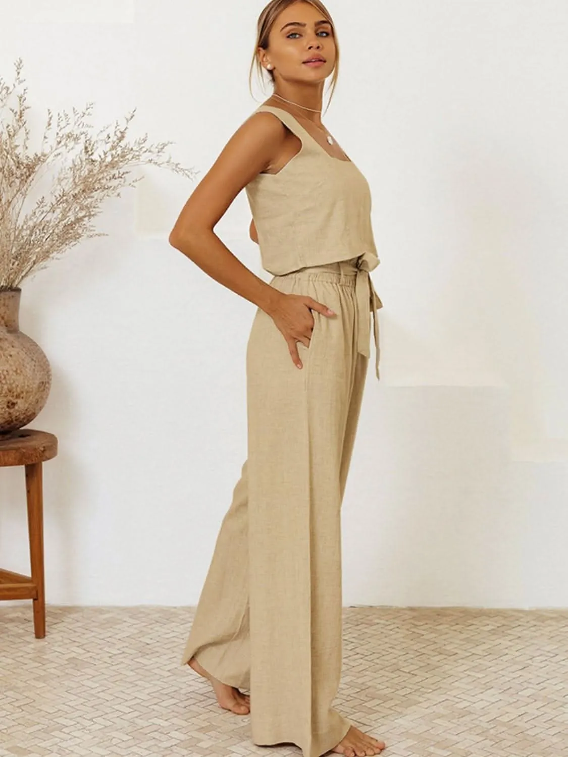 Square Neck Sleeveless Top and Pants Set- By Lustmia