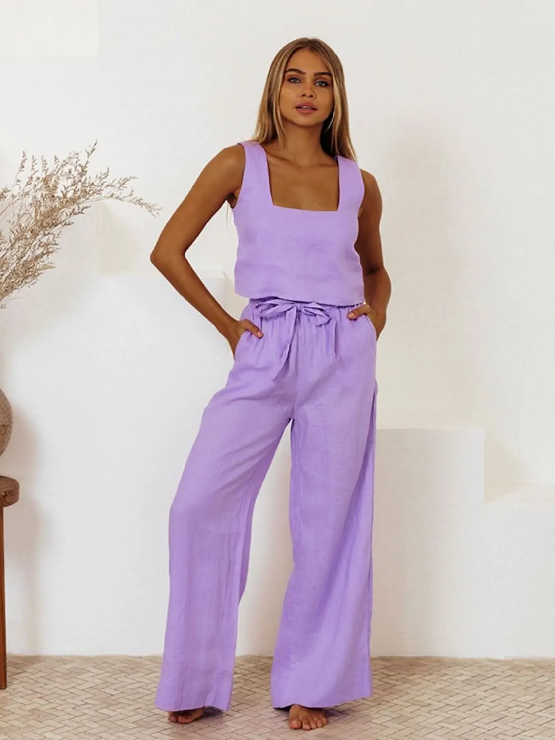 Square Neck Sleeveless Top and Pants Set- By Lustmia