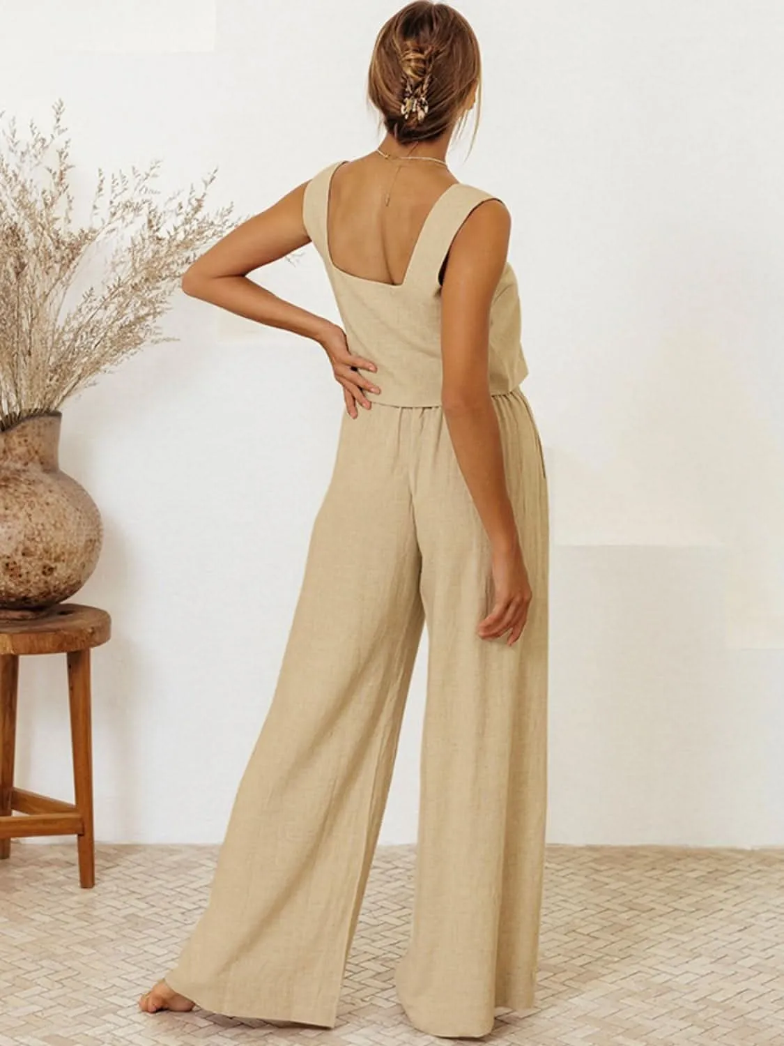 Square Neck Sleeveless Top and Pants Set- By Lustmia