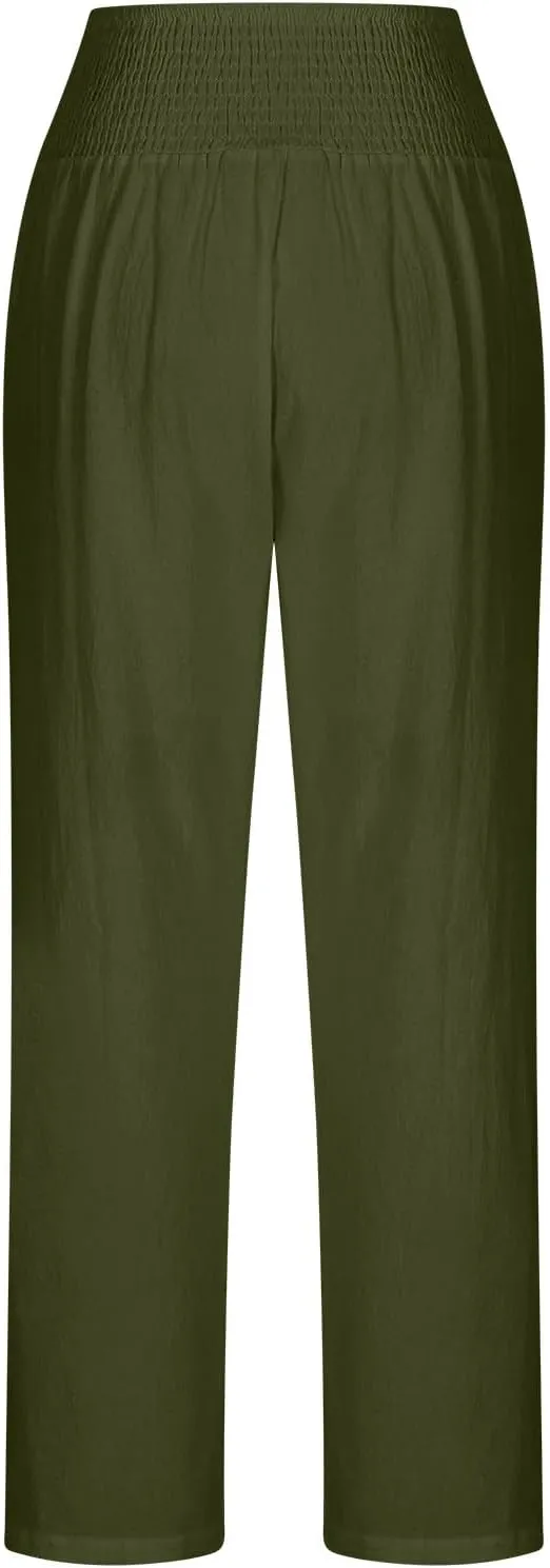 Summer Beach Pants for Women Casual Palazzo Linen Pants Smocked Elastic Waist Loose Trousers with Pockets