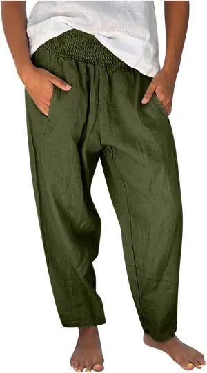 Summer Beach Pants for Women Casual Palazzo Linen Pants Smocked Elastic Waist Loose Trousers with Pockets