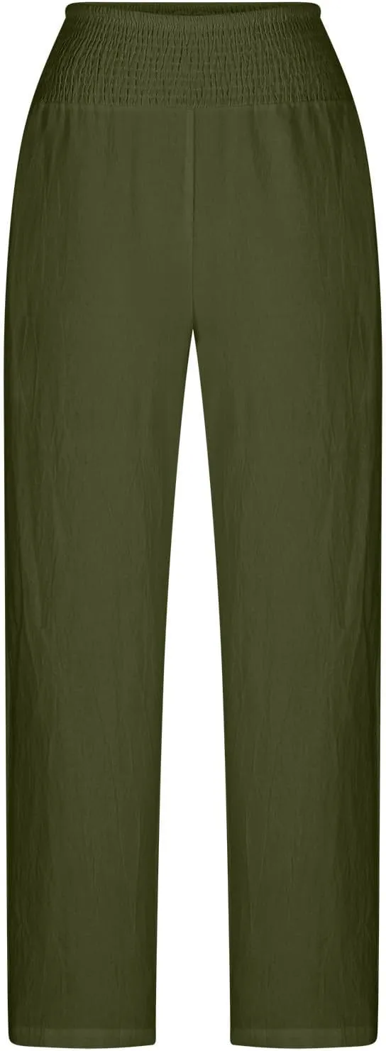 Summer Beach Pants for Women Casual Palazzo Linen Pants Smocked Elastic Waist Loose Trousers with Pockets