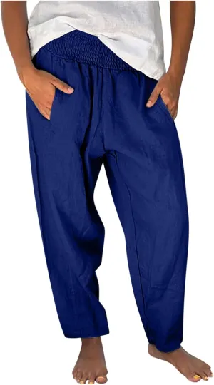 Summer Beach Pants for Women Casual Palazzo Linen Pants Smocked Elastic Waist Loose Trousers with Pockets