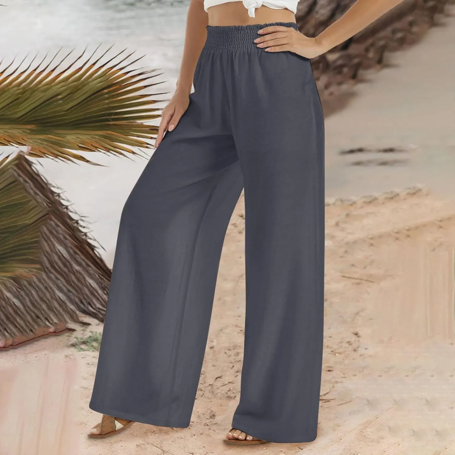 TARIENDY Linen Wide Leg Pants for Women Ladies Elastic high Waisted Outfits 2025 Wide Leg Pants Lightweight Casual Trousers