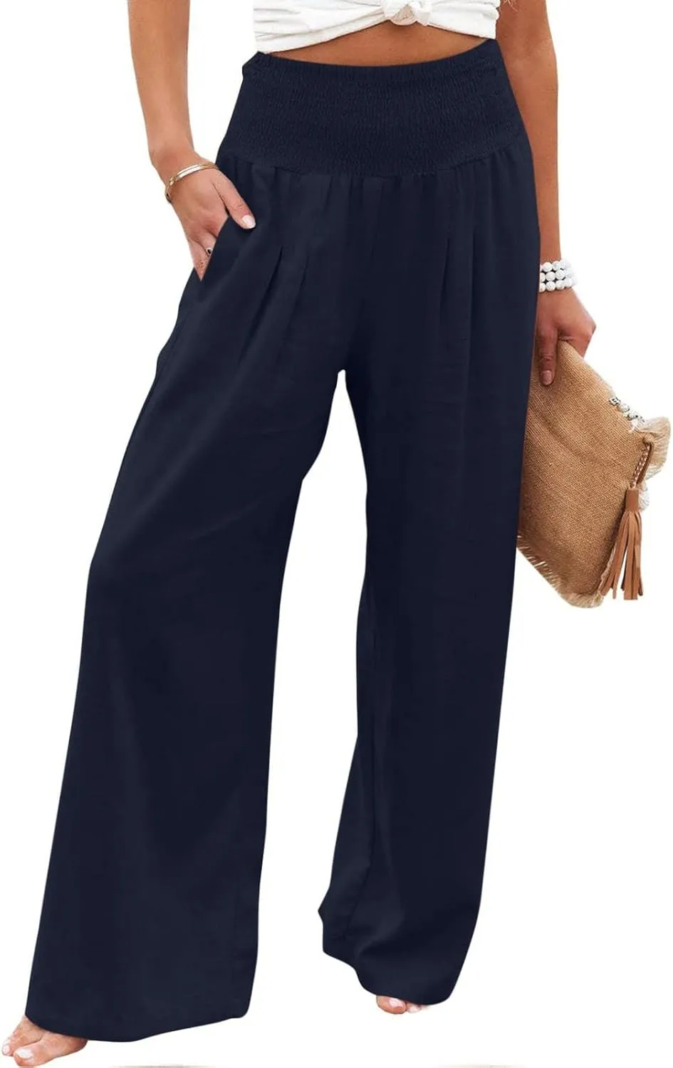 TARIENDY Palazzo Pants for Women Dressy Ladies high Waist Beach Outfits Wide Leg Casual Pants Lightweight Elastic Trousers