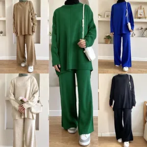 Women's Casual Woolen Sweater Wide-leg Trousers Suit