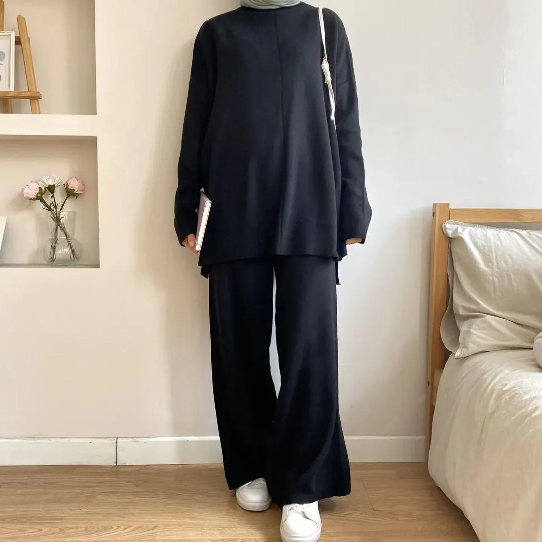 Women's Casual Woolen Sweater Wide-leg Trousers Suit