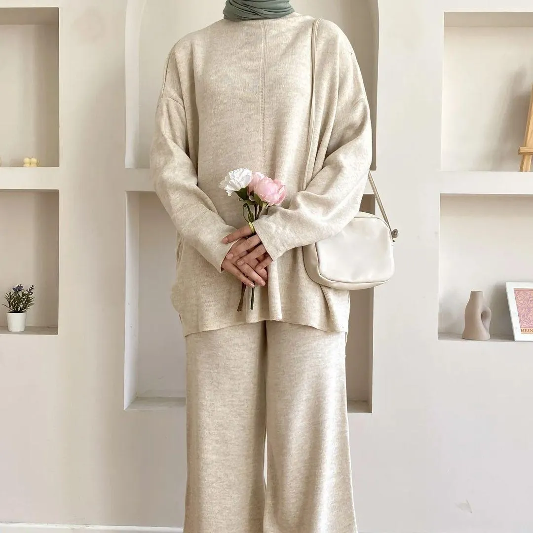 Women's Casual Woolen Sweater Wide-leg Trousers Suit