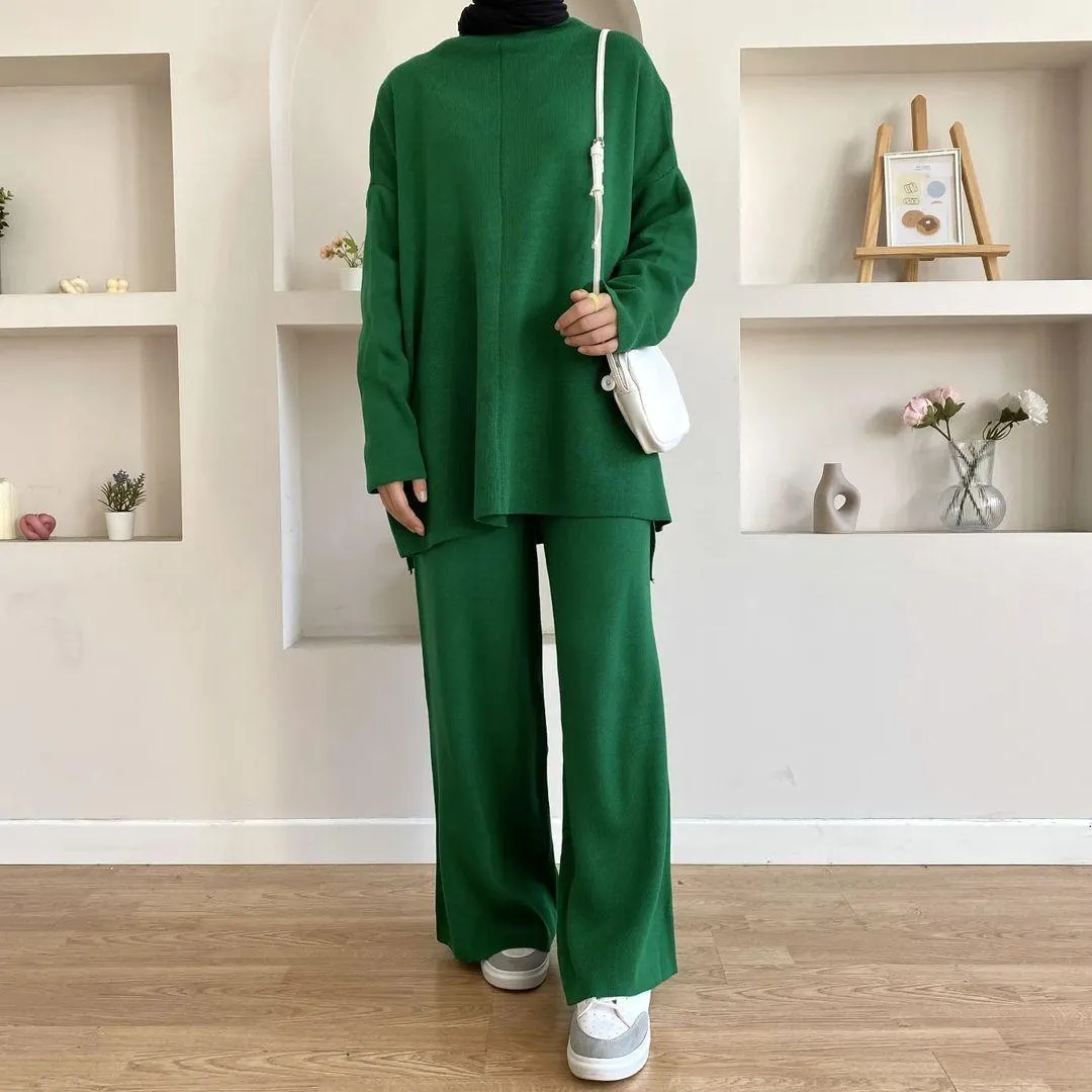 Women's Casual Woolen Sweater Wide-leg Trousers Suit