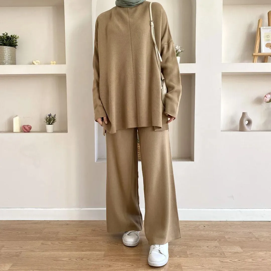 Women's Casual Woolen Sweater Wide-leg Trousers Suit