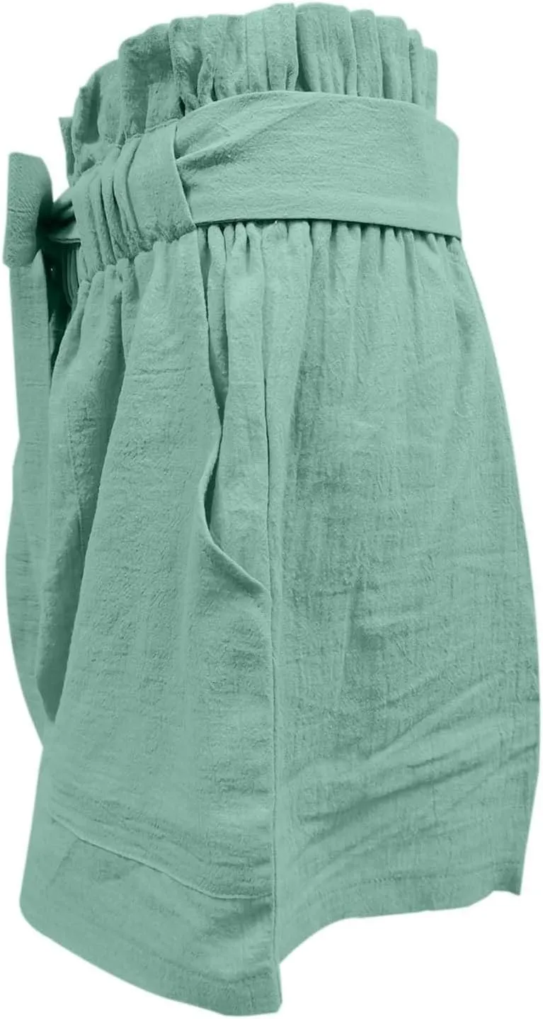 Women's Summer Shorts with Pockets Ruffle Hem and Bow Tie Waistband Casual High Waisted Under Skirt Shorts for