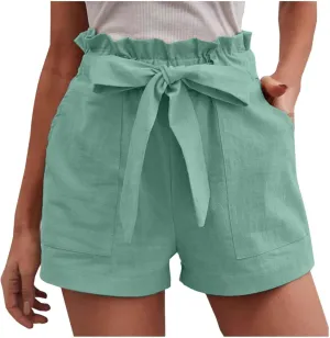 Women's Summer Shorts with Pockets Ruffle Hem and Bow Tie Waistband Casual High Waisted Under Skirt Shorts for