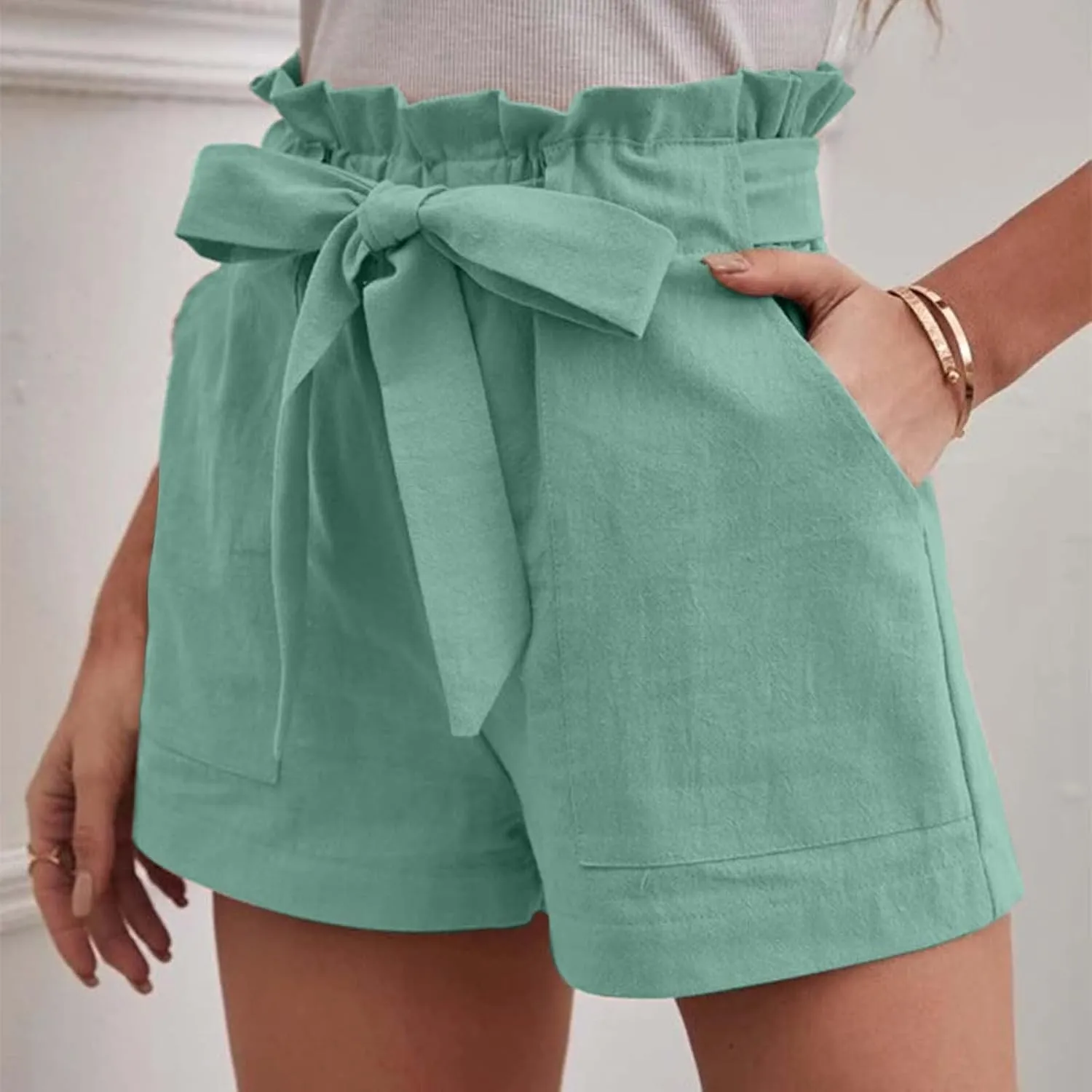 Women's Summer Shorts with Pockets Ruffle Hem and Bow Tie Waistband Casual High Waisted Under Skirt Shorts for